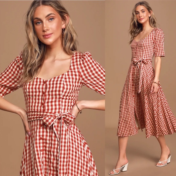 Red Gingham Plaid Button-Up Short-sleeve Midi Dress 🌿 - Picture 4 of 12